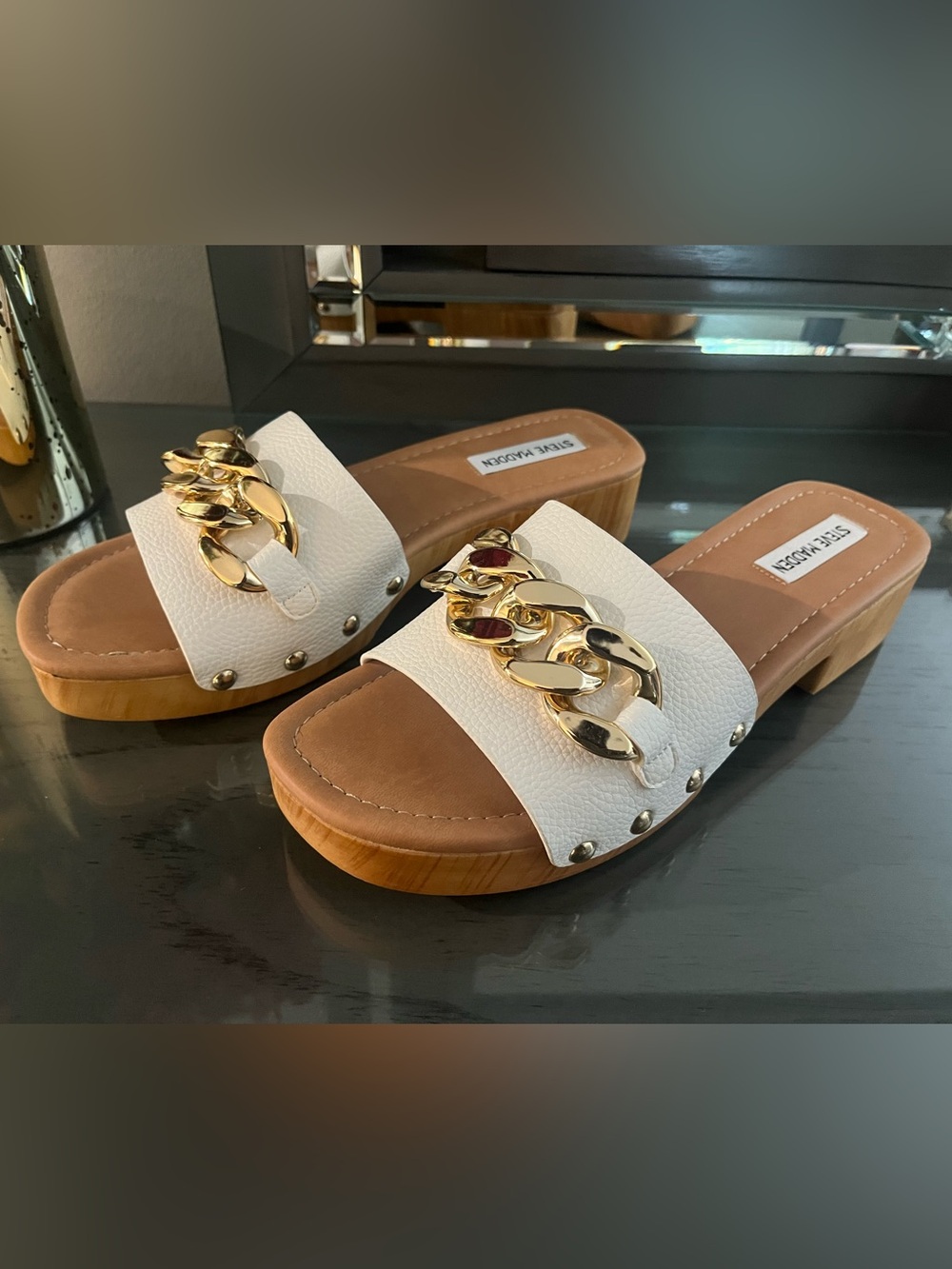 Steve Madden White Slides with Gold Chain Accent